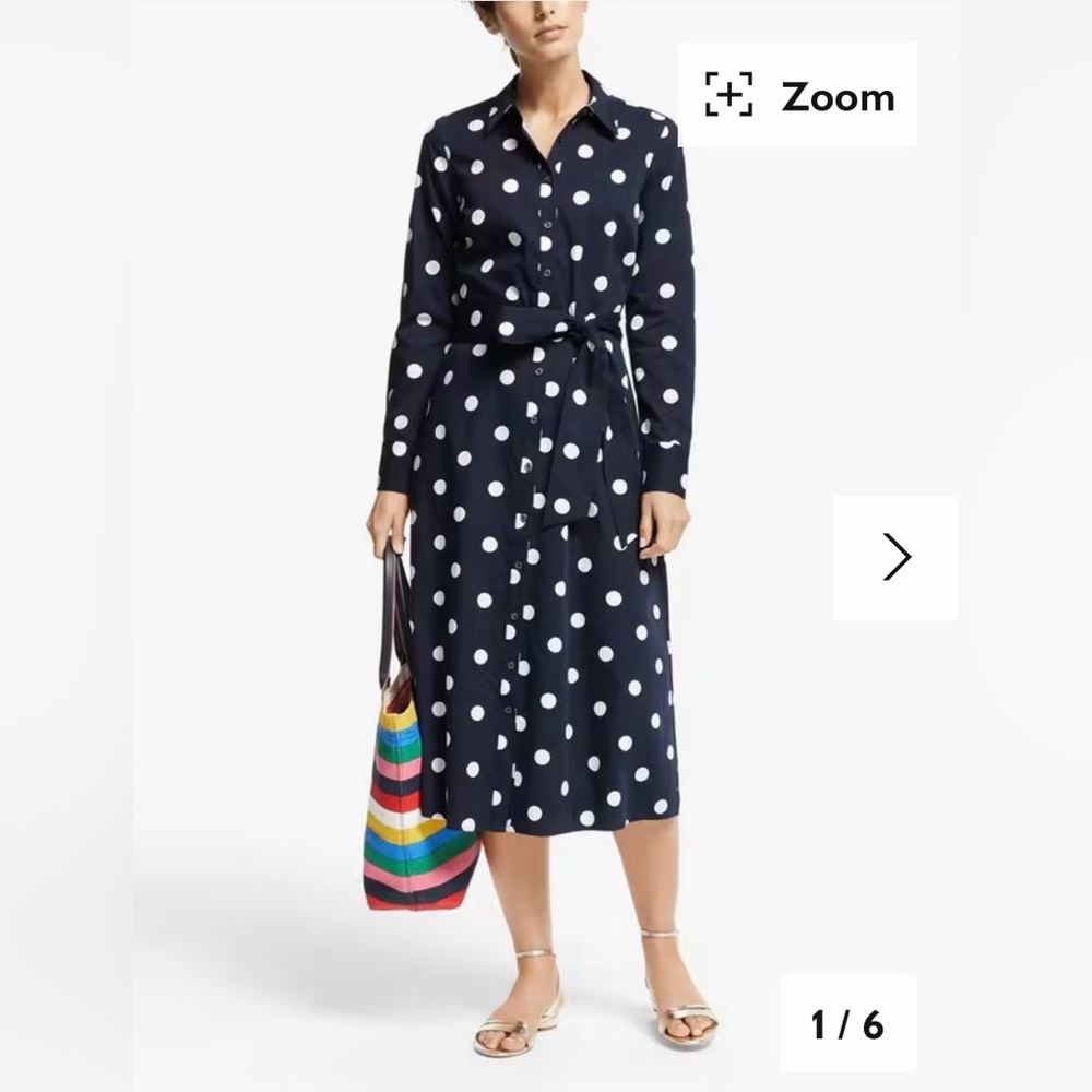Boden Isodora Polka Dot Cotton Navy White Tie Front Summer Midi Dress Size 10R